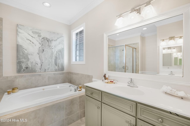 bathroom with tile patterned flooring, vanity, and crown molding