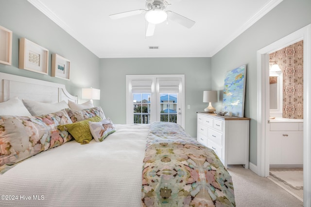 carpeted bedroom featuring access to outside, ceiling fan, and ornamental molding