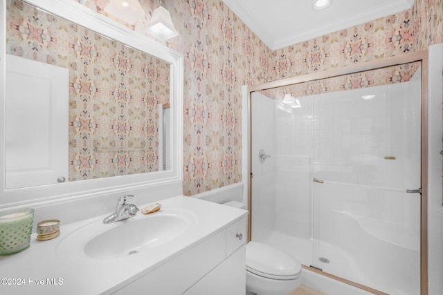 carpeted bedroom featuring access to exterior, ceiling fan, crown molding, and ensuite bath