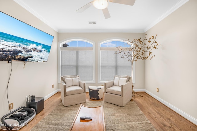 bedroom with access to outside, ceiling fan, dark wood-type flooring, and ornamental molding