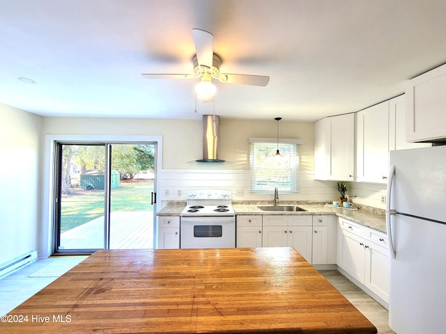 kitchen with white cabinets, white appliances, wall chimney exhaust hood, and sink