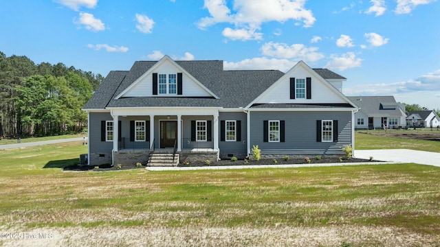 view of front of property with a front yard, a porch, crawl space, cooling unit, and roof with shingles