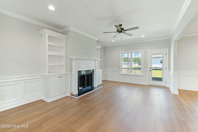 unfurnished living room featuring light wood-style flooring, ceiling fan, and recessed lighting