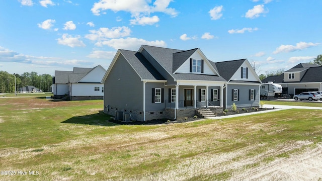 view of front of house featuring a porch, a front lawn, and roof with shingles