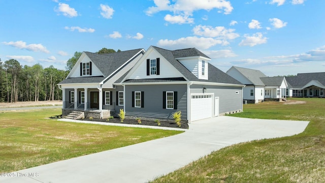 view of front of house featuring a front yard, an attached garage, a shingled roof, and concrete driveway