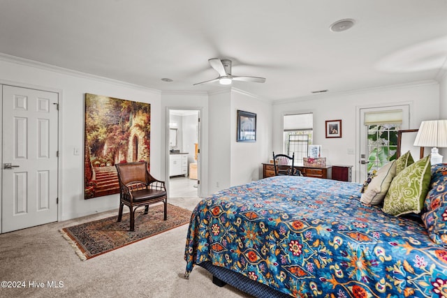 bedroom featuring light colored carpet, ceiling fan, and ornamental molding