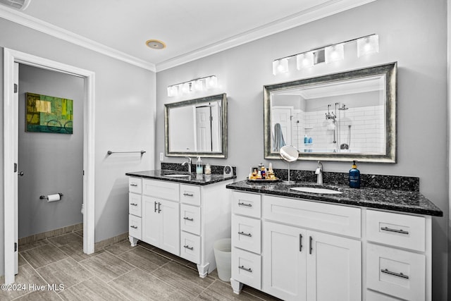 bathroom with vanity, toilet, walk in shower, and crown molding