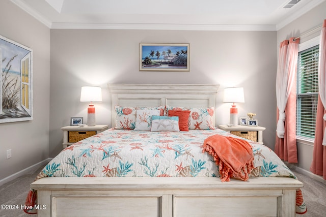 bedroom featuring carpet flooring and crown molding