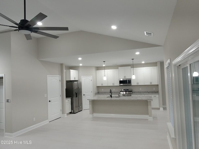 kitchen with visible vents, an island with sink, a sink, white cabinetry, and appliances with stainless steel finishes