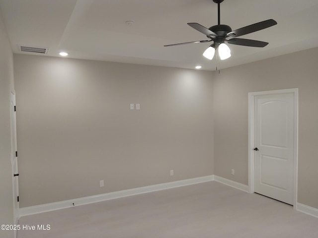 unfurnished room featuring recessed lighting, visible vents, ceiling fan, and baseboards