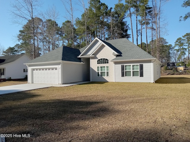 view of front facade with a front yard, an attached garage, driveway, and roof with shingles