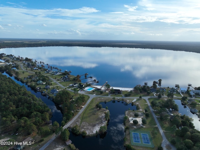 aerial view featuring a water view