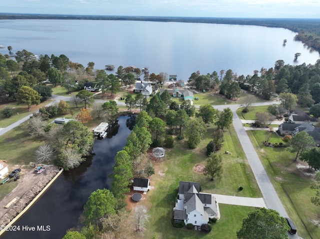 aerial view featuring a water view