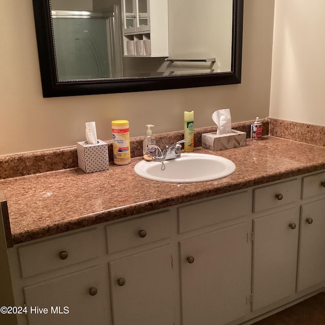 bathroom featuring vanity and a shower with shower door