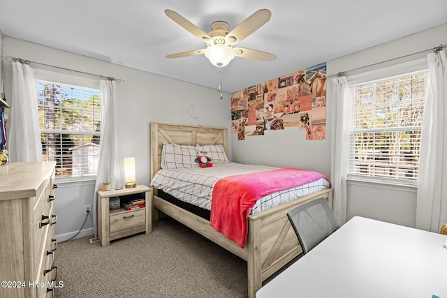 bedroom featuring carpet floors and ceiling fan