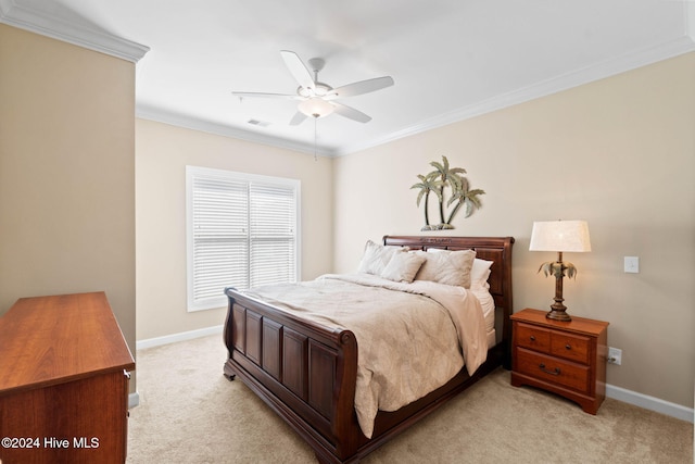 bedroom featuring light carpet, ceiling fan, and ornamental molding