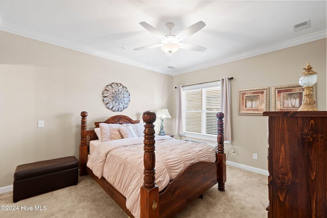 bedroom with light colored carpet, ceiling fan, and ornamental molding