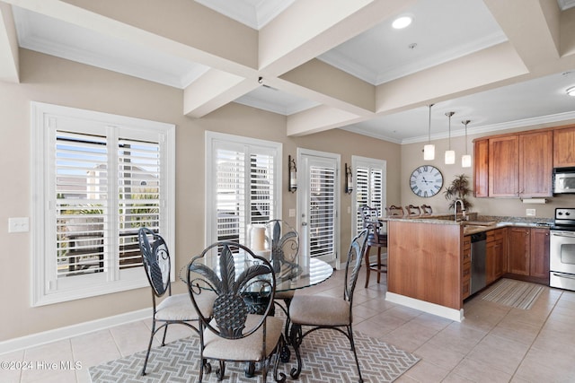 dining room with beamed ceiling, light tile patterned floors, ornamental molding, and coffered ceiling