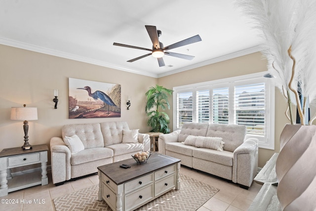 living room with ceiling fan, ornamental molding, and light tile patterned floors