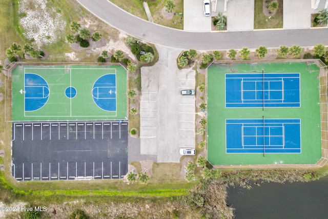 drone / aerial view with a water view