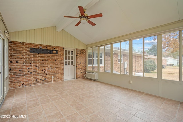 unfurnished sunroom with vaulted ceiling with beams, ceiling fan, and a wall mounted AC