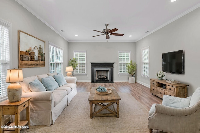 living room featuring light hardwood / wood-style flooring, ceiling fan, and ornamental molding