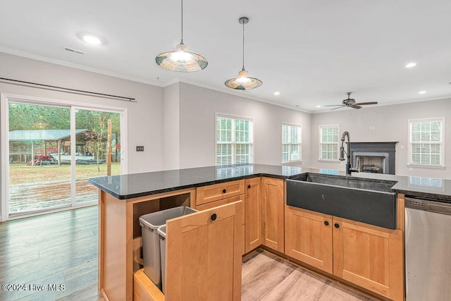 kitchen with sink, stainless steel dishwasher, pendant lighting, light wood-type flooring, and ornamental molding