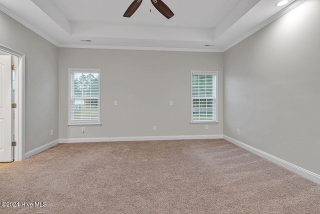 unfurnished room featuring ceiling fan, light colored carpet, ornamental molding, and a tray ceiling