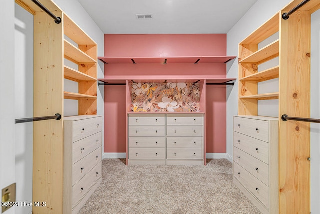 walk in closet with light colored carpet