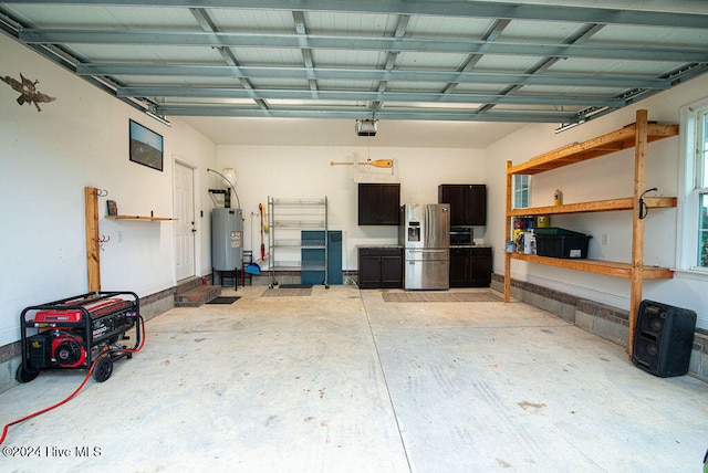 garage featuring gas water heater, stainless steel refrigerator with ice dispenser, and a garage door opener