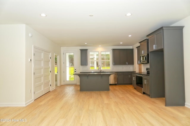 kitchen featuring a kitchen island, gray cabinetry, stainless steel appliances, backsplash, and light hardwood / wood-style flooring