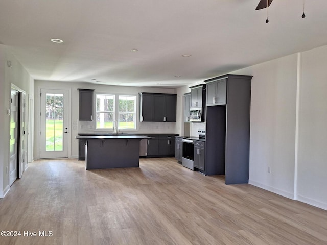 kitchen with backsplash, a center island, light hardwood / wood-style flooring, and appliances with stainless steel finishes