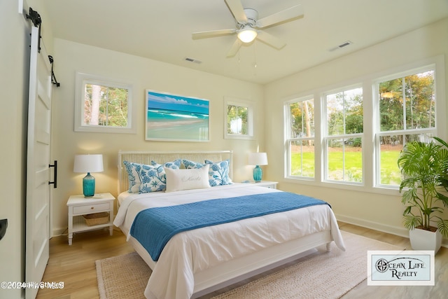 bedroom featuring light hardwood / wood-style floors and ceiling fan