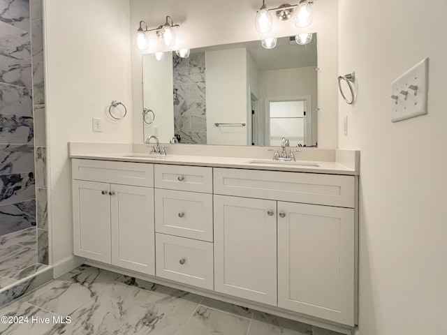 bathroom featuring walk in shower and vanity