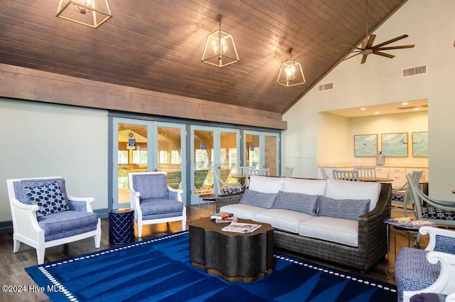 living room featuring plenty of natural light, high vaulted ceiling, wooden ceiling, and hardwood / wood-style flooring