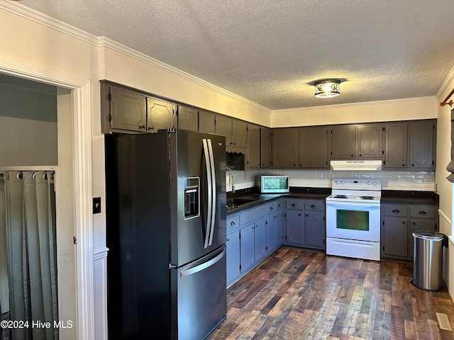 kitchen featuring stainless steel refrigerator with ice dispenser, ornamental molding, a textured ceiling, dark wood-type flooring, and electric range