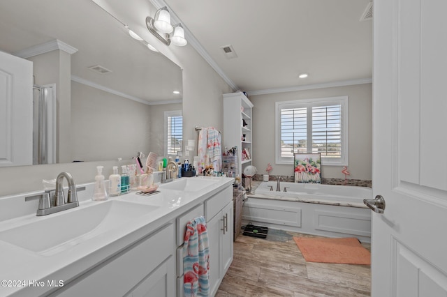 bathroom featuring a washtub, vanity, and crown molding