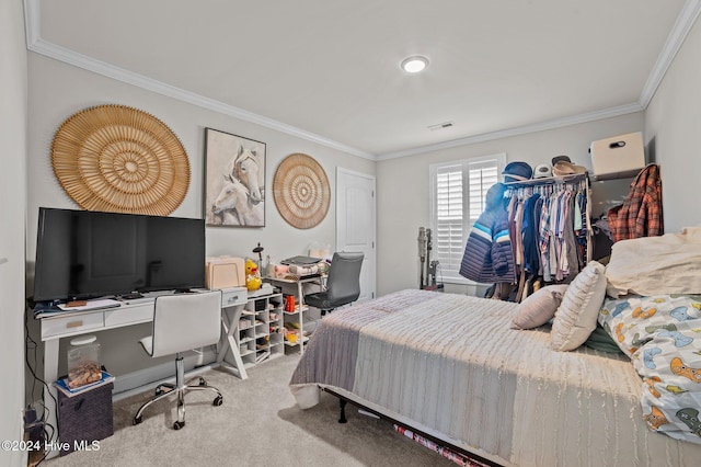 carpeted bedroom featuring ornamental molding