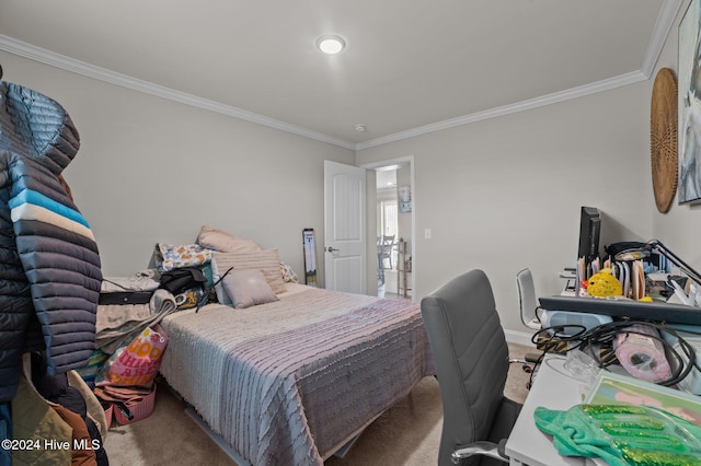 bedroom featuring carpet floors and crown molding