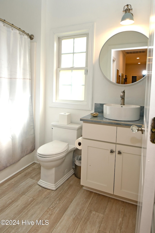 bathroom featuring hardwood / wood-style floors, vanity, and toilet