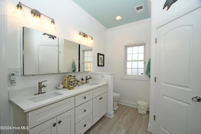 bathroom with hardwood / wood-style floors, vanity, toilet, and ornamental molding