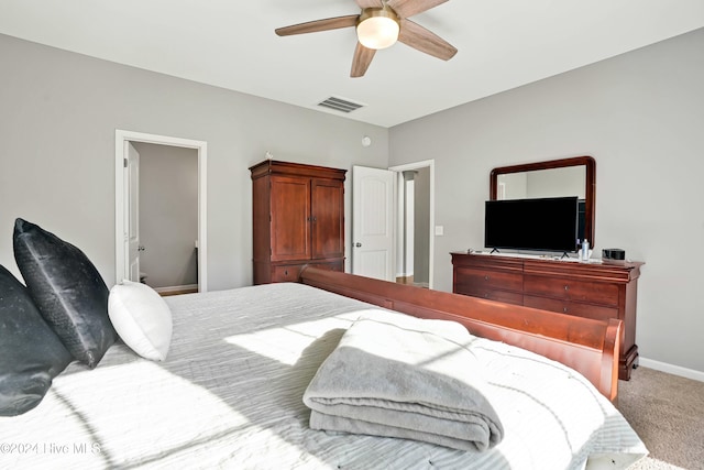 bedroom with light colored carpet and ceiling fan