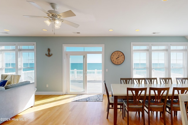 dining room with a healthy amount of sunlight, a water view, and wood-type flooring