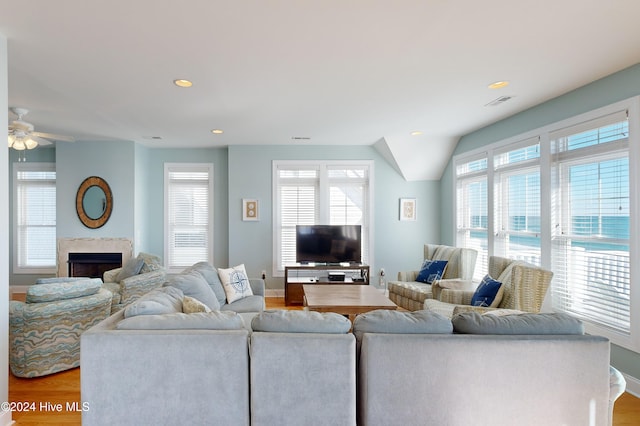 living room with a healthy amount of sunlight, lofted ceiling, and wood-type flooring