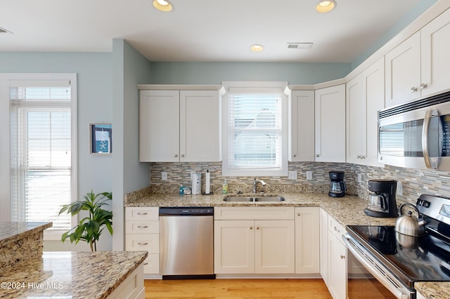 kitchen featuring tasteful backsplash, white cabinetry, sink, and stainless steel appliances