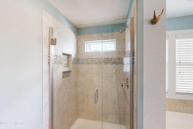 bathroom with a shower with door and a wealth of natural light