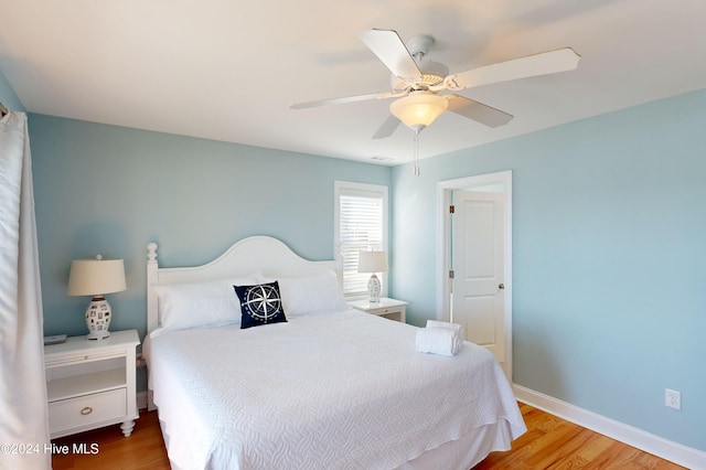 bedroom featuring ceiling fan and light wood-type flooring