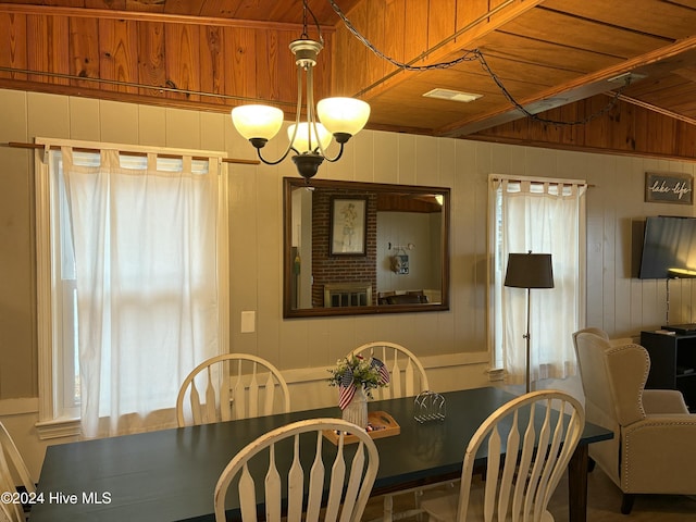 dining room with wood walls, wooden ceiling, and a chandelier