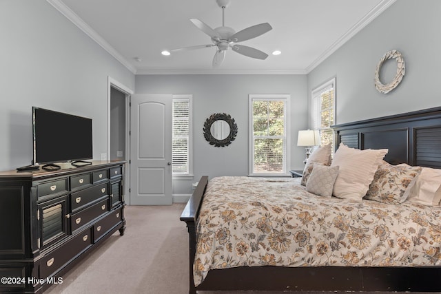 bedroom with light carpet, ceiling fan, and ornamental molding