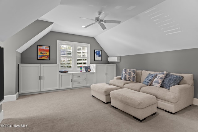 carpeted living room with ceiling fan and lofted ceiling